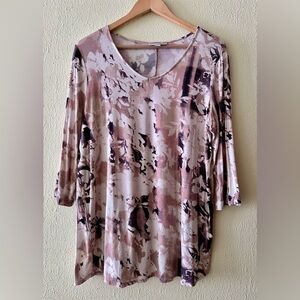 Dana Buchman Floral Print Long Sleeve Top - Pink and Cream